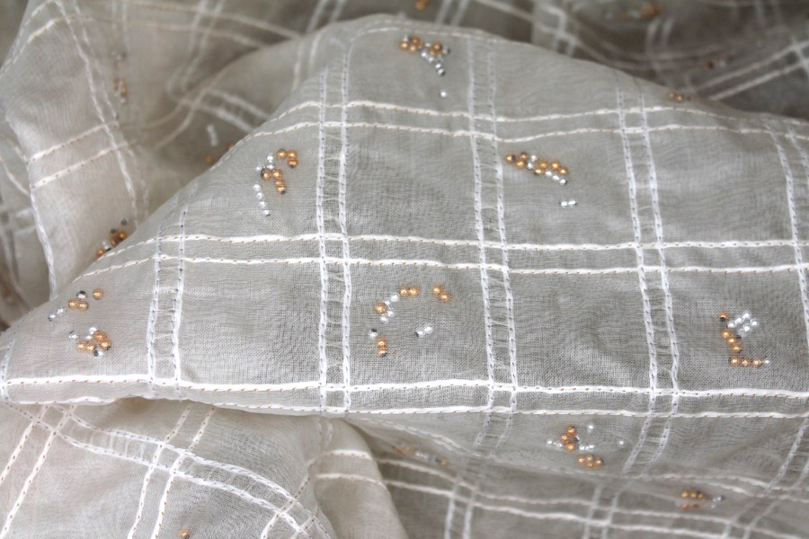 Silver and Gold Beads Sandwiched in Silk Organza - Ivory fabric, image 2 of 7
