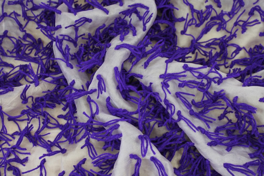 Yarn Tassels on Silk Organza - Purple on Lilac fabric, image 4 of 6