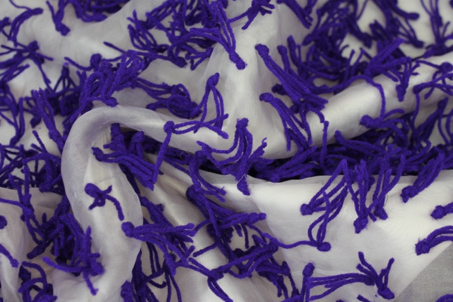Yarn Tassels on Silk Organza - Purple on Lilac fabric, image 6 of 6