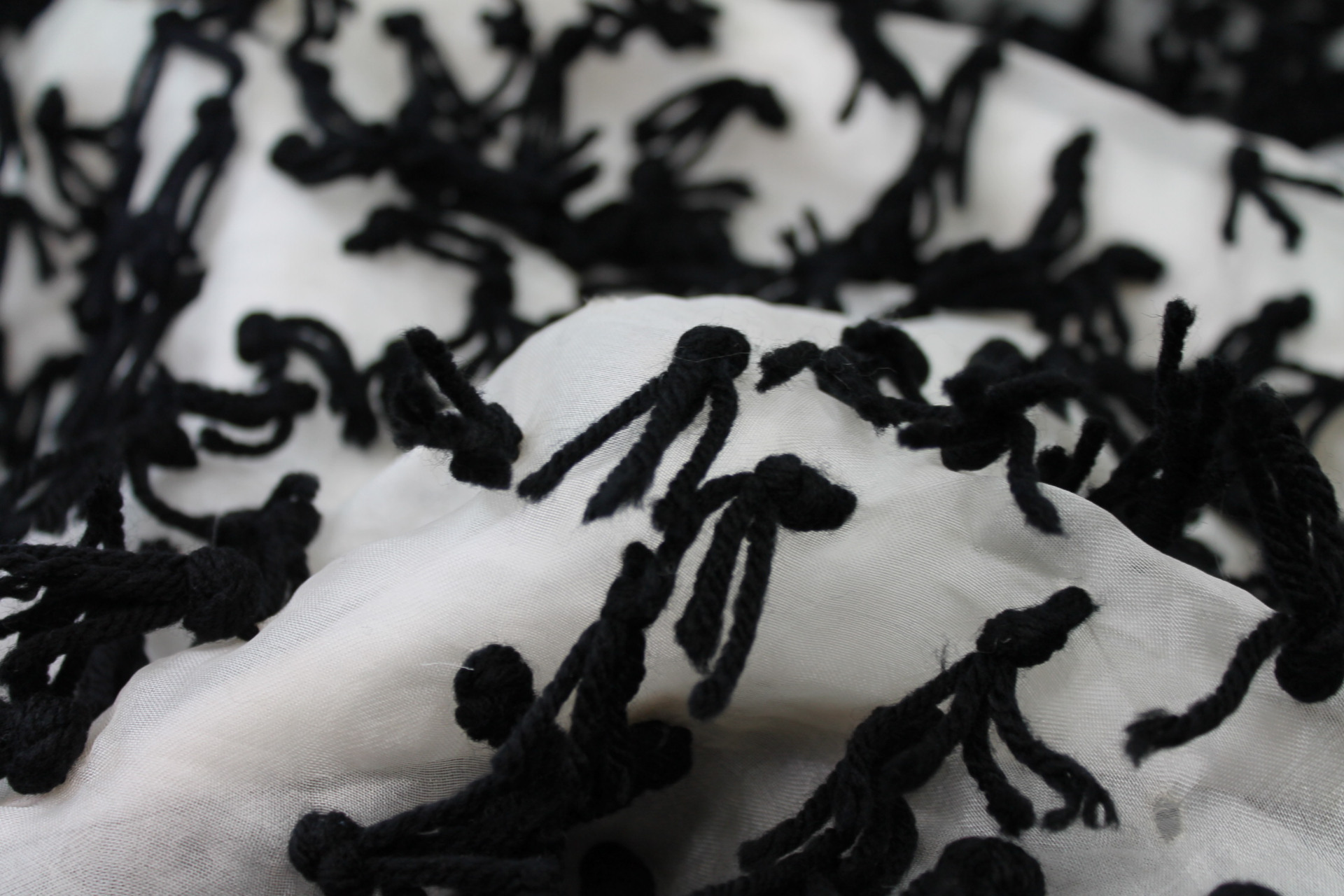 Yarn Tassels on Silk Organza - Black on Ivory fabric, image 5 of 8