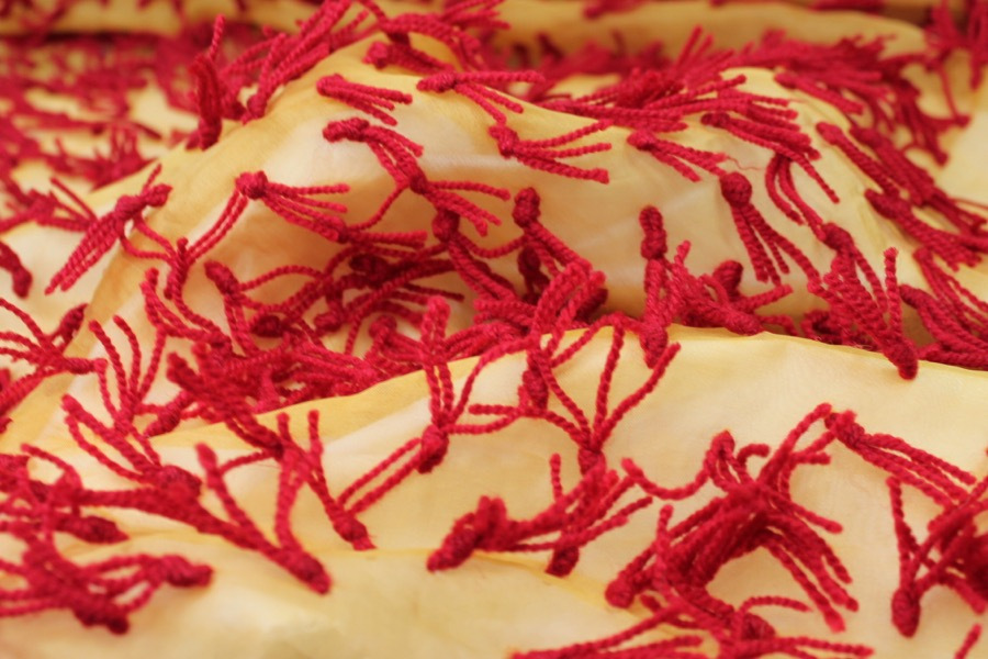 Yarn Tassels on Silk Organza - Red on Yellow fabric, image 3 of 7