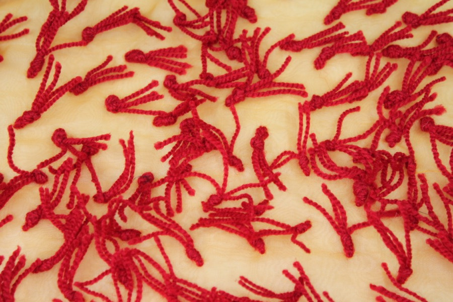 Yarn Tassels on Silk Organza - Red on Yellow fabric, image 6 of 7
