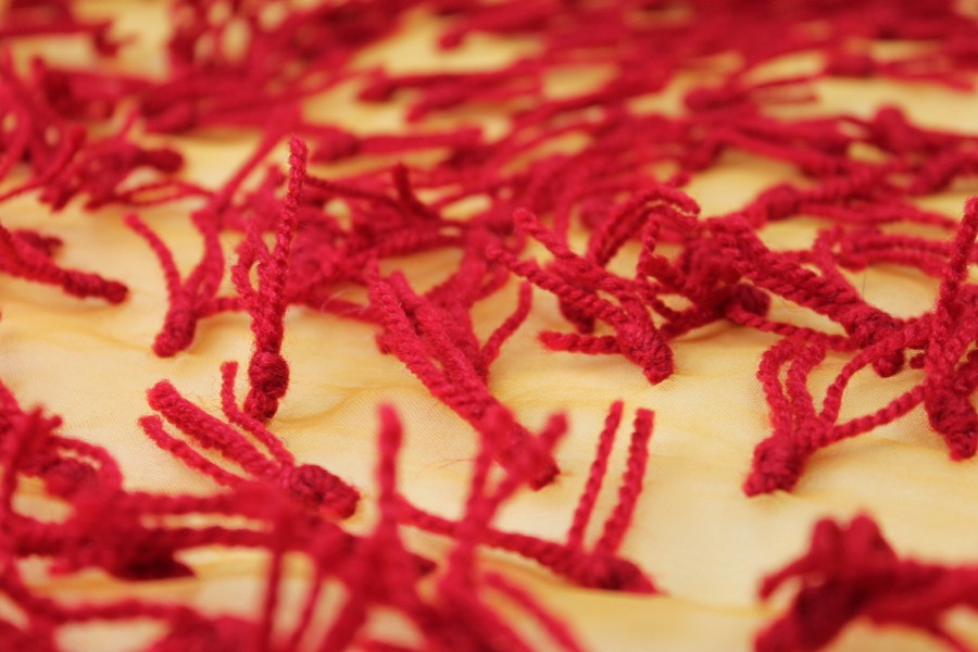 Yarn Tassels on Silk Organza - Red on Yellow fabric, image 4 of 7