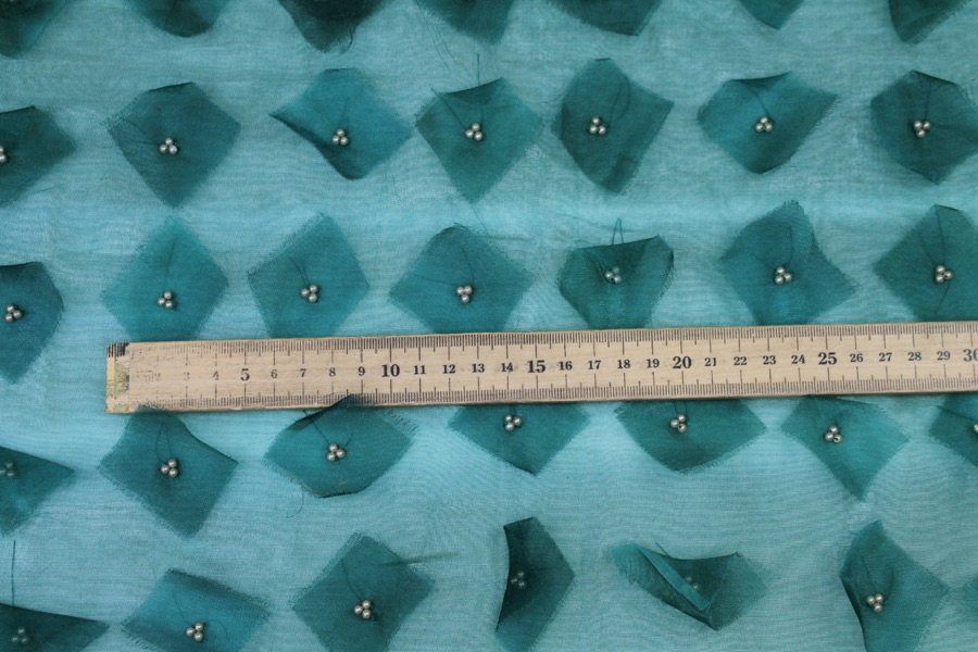 Appliqué and Pearl Silk Organza - Teal fabric, image 4 of 8