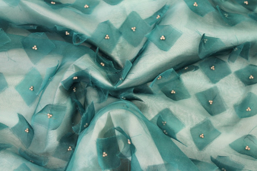 Appliqué and Pearl Silk Organza - Teal fabric, image 5 of 8