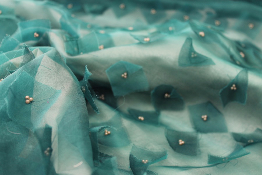 Appliqué and Pearl Silk Organza - Teal fabric