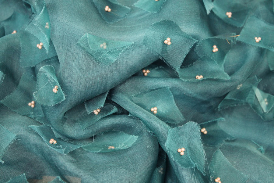 Appliqué and Pearl Silk Organza - Teal fabric, image 8 of 8