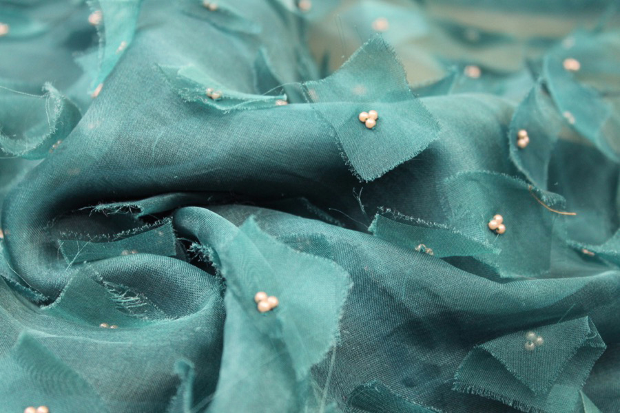 Appliqué and Pearl Silk Organza - Teal fabric, image 7 of 8