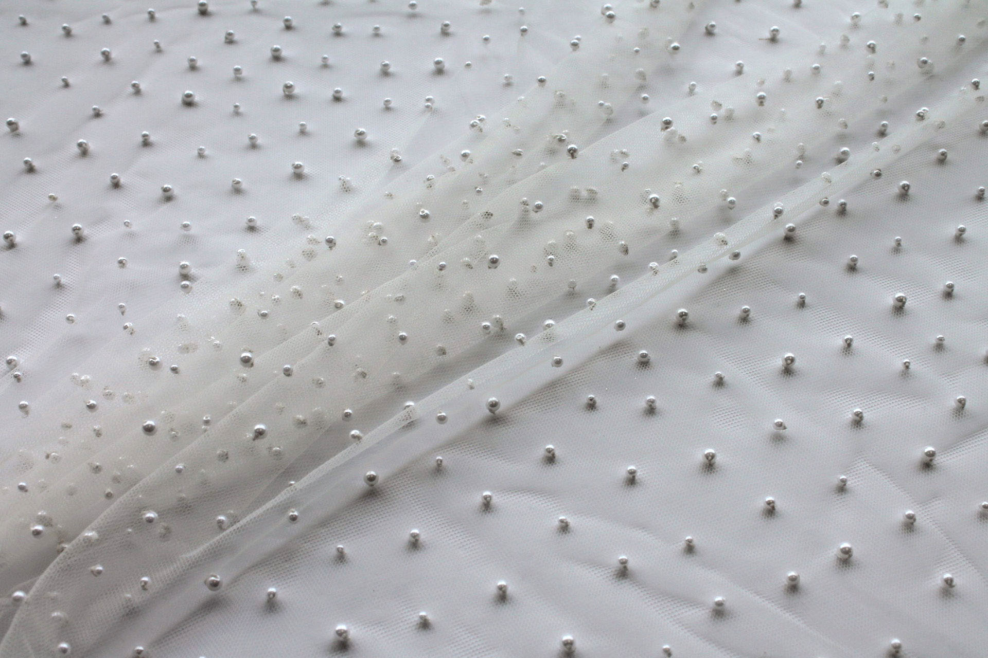 Small Ivory Pearls on Ivory Nylon Tulle fabric, image 3 of 6