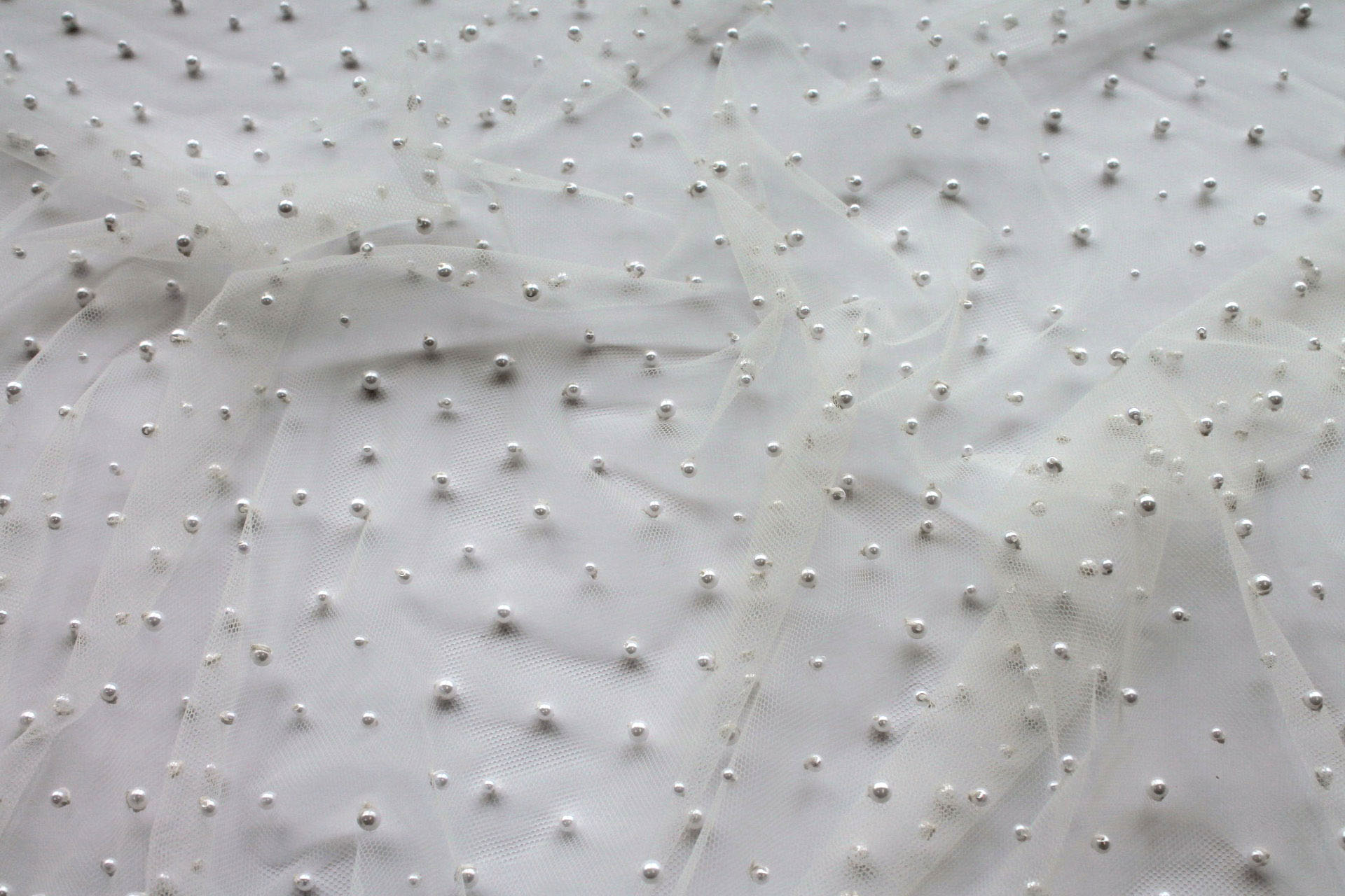 Small Ivory Pearls on Ivory Nylon Tulle fabric, image 4 of 6