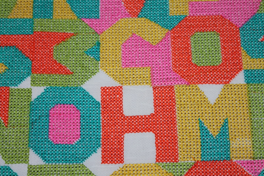 Hand Embroidered Colourful Letters on Ivory Silk Georgette fabric, image 2 of 8