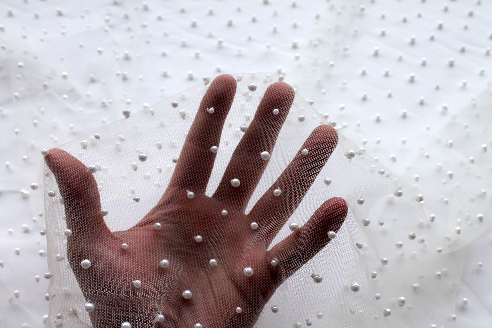 Small Ivory Pearls on Ivory Nylon Tulle fabric, image 5 of 6