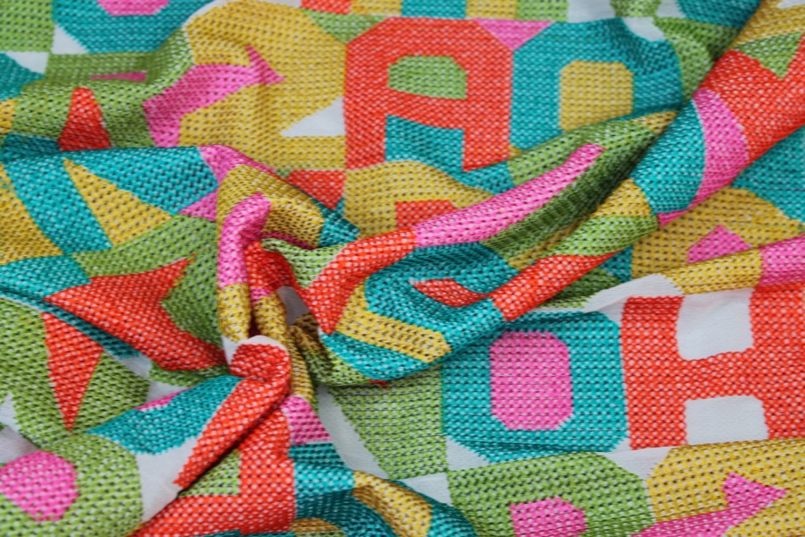 Hand Embroidered Colourful Letters on Ivory Silk Georgette fabric, image 3 of 8