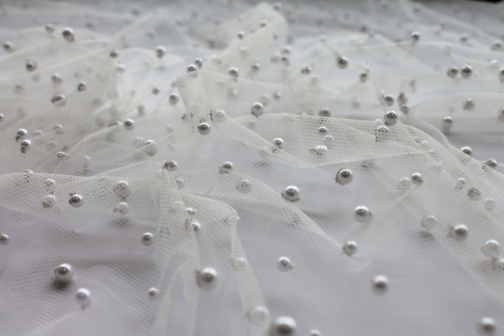 Small Ivory Pearls on Ivory Nylon Tulle fabric, image 6 of 6