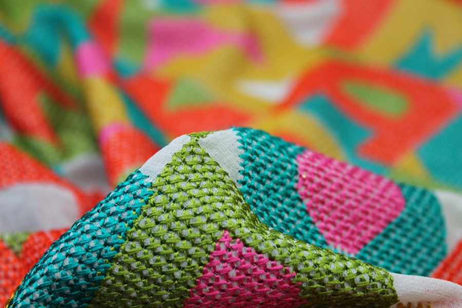 Hand Embroidered Colourful Letters on Ivory Silk Georgette fabric, image 5 of 8