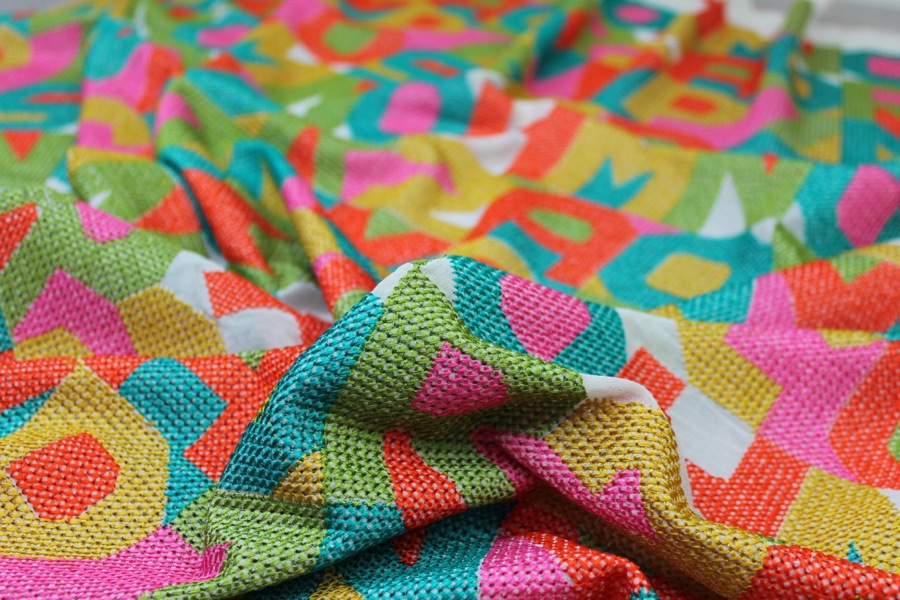 Hand Embroidered Colourful Letters on Ivory Silk Georgette fabric, image 7 of 8