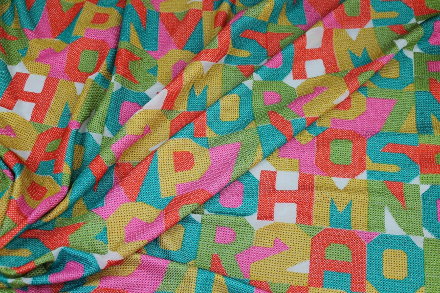 Hand Embroidered Colourful Letters on Ivory Silk Georgette fabric, image 8 of 8