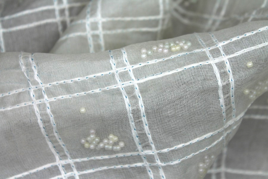 Pastel Beads Sandwiched in Silk Organza - Ivory fabric