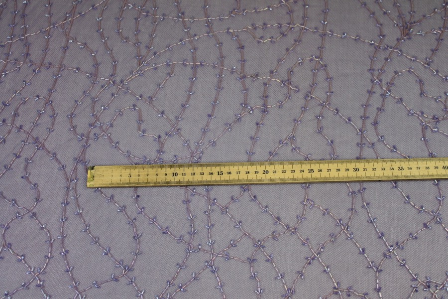 Lilac tulle with clear lilac bugle beads in a barbed wire/leaf pattern fabric, image 2 of 9