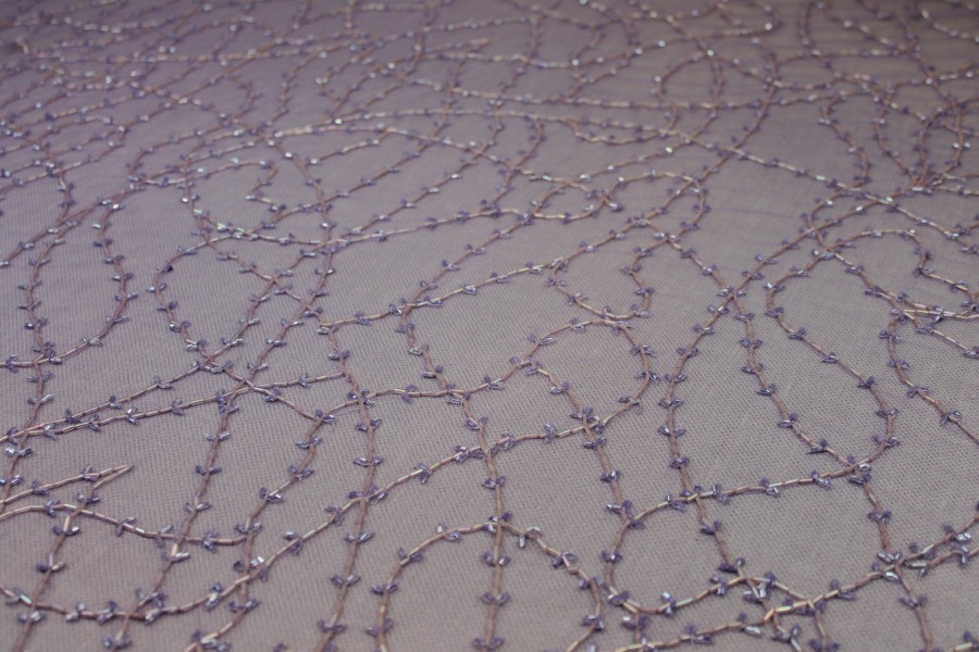 Lilac tulle with clear lilac bugle beads in a barbed wire/leaf pattern fabric, image 4 of 9