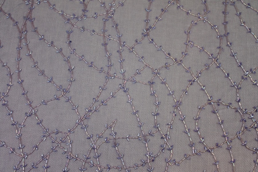 Lilac tulle with clear lilac bugle beads in a barbed wire/leaf pattern fabric, image 3 of 9