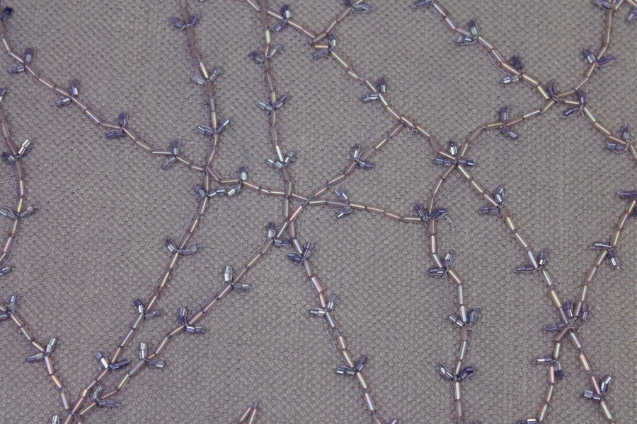 Lilac tulle with clear lilac bugle beads in a barbed wire/leaf pattern fabric, image 5 of 9