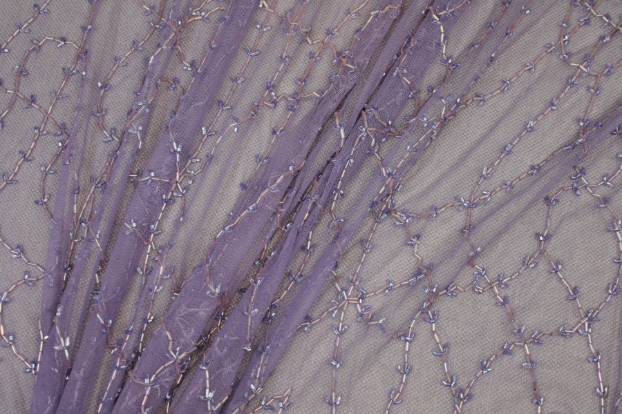 Lilac tulle with clear lilac bugle beads in a barbed wire/leaf pattern fabric, image 6 of 9