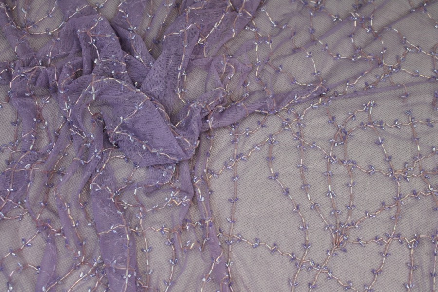 Lilac tulle with clear lilac bugle beads in a barbed wire/leaf pattern fabric, image 7 of 9