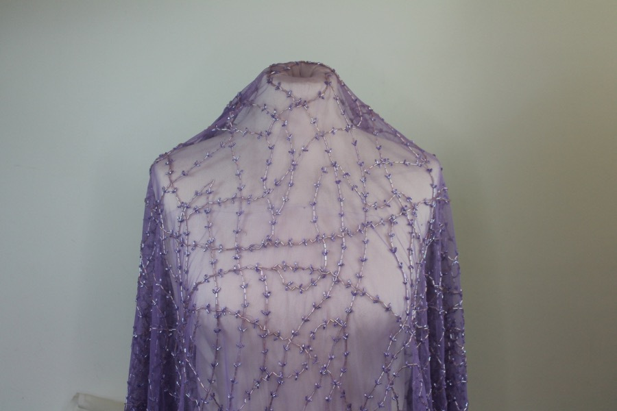 Lilac tulle with clear lilac bugle beads in a barbed wire/leaf pattern fabric, image 8 of 9