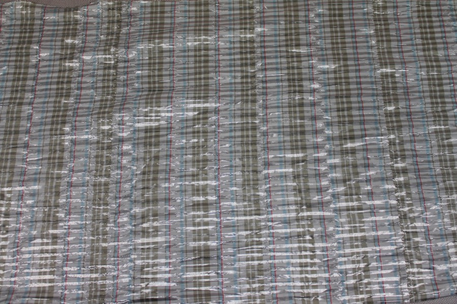 Seersucker Style Lurex Taffeta - Grey, Sage, Blue and Coral Stripe fabric, image 3 of 6