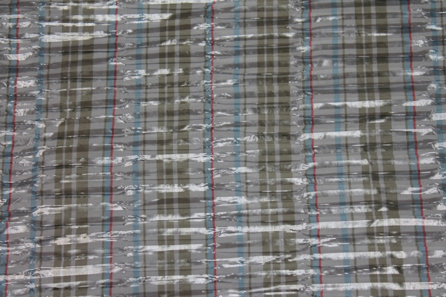 Seersucker Style Lurex Taffeta - Grey, Sage, Blue and Coral Stripe fabric, image 4 of 6