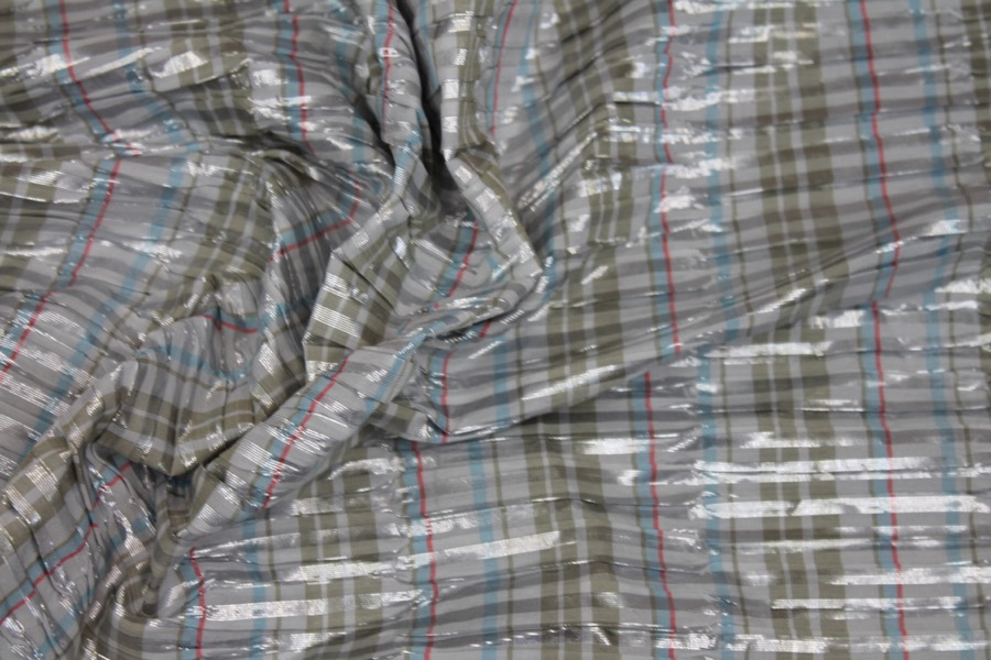 Seersucker Style Lurex Taffeta - Grey, Sage, Blue and Coral Stripe fabric, image 5 of 6