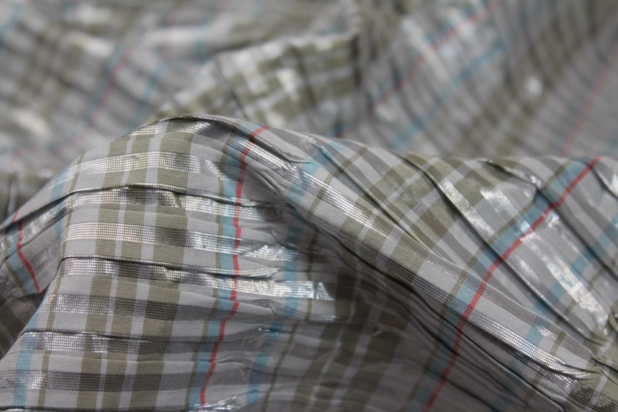 Seersucker Style Lurex Taffeta - Grey, Sage, Blue and Coral Stripe fabric, image 6 of 6