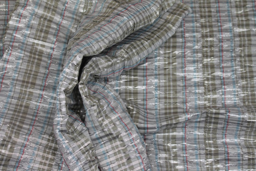 Seersucker Style Lurex Taffeta - Grey, Sage, Blue and Coral Stripe fabric, image 2 of 6