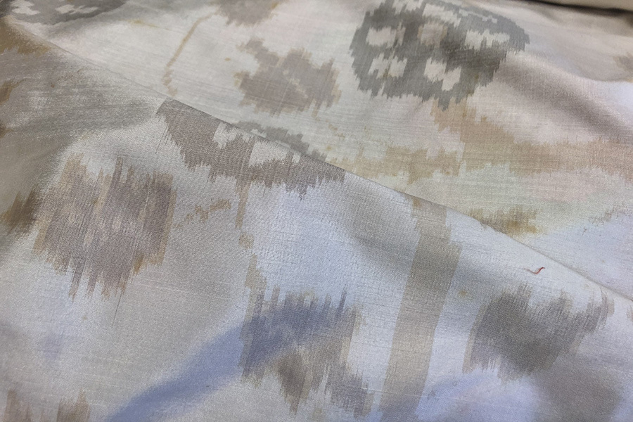 Ikat Patterned Silk Dupion - Ivory, Tan and Grey fabric, image 2 of 5