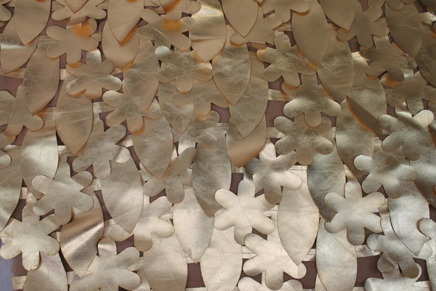 Large Gold Flower and Leaf Cut Out Leatherette on Chiffon fabric, image 6 of 7