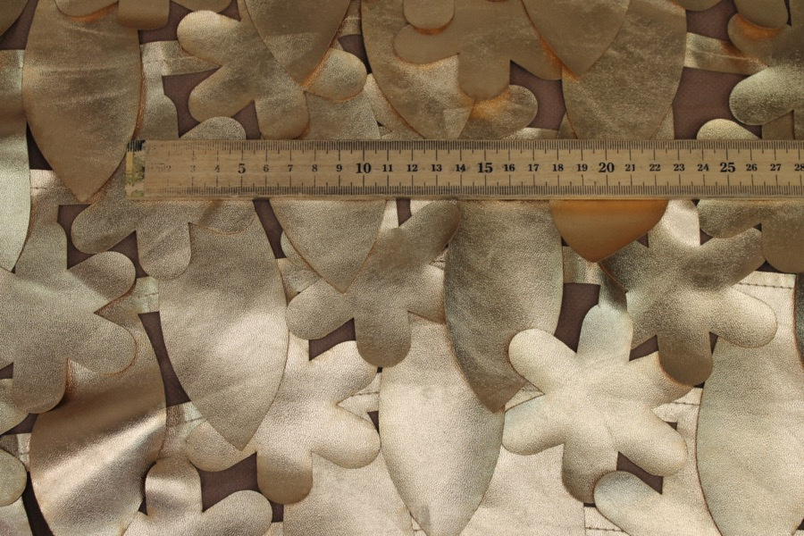 Large Gold Flower and Leaf Cut Out Leatherette on Chiffon fabric, image 5 of 7