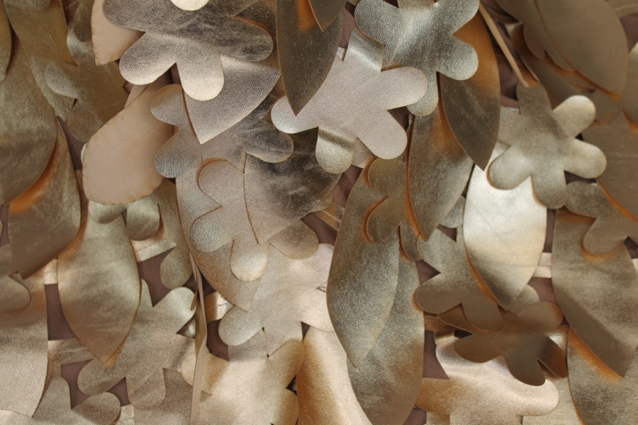 Large Gold Flower and Leaf Cut Out Leatherette on Chiffon fabric, image 2 of 7