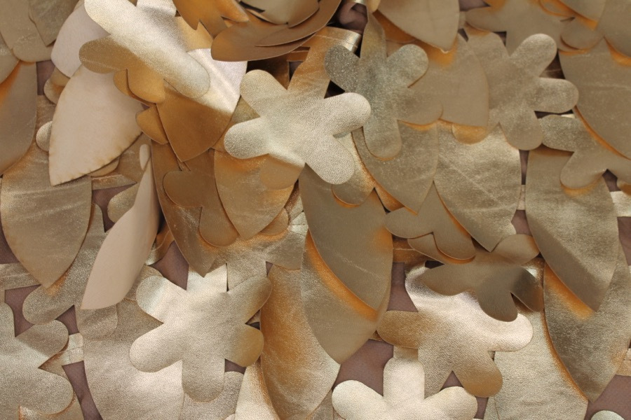 Large Gold Flower and Leaf Cut Out Leatherette on Chiffon fabric, image 3 of 7