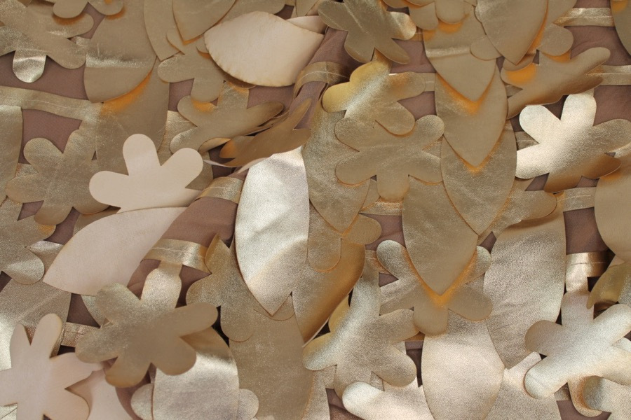 Large Gold Flower and Leaf Cut Out Leatherette on Chiffon fabric, image 4 of 7