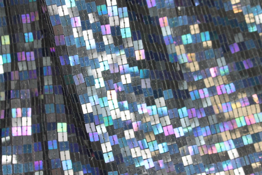Square Sequin on Silk Chiffon Black/Blue fabric