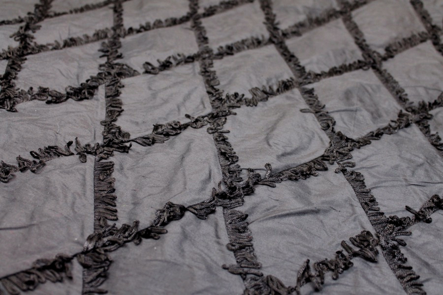 Silk Dupion with Fringed Harlequin Pintuck - Black fabric