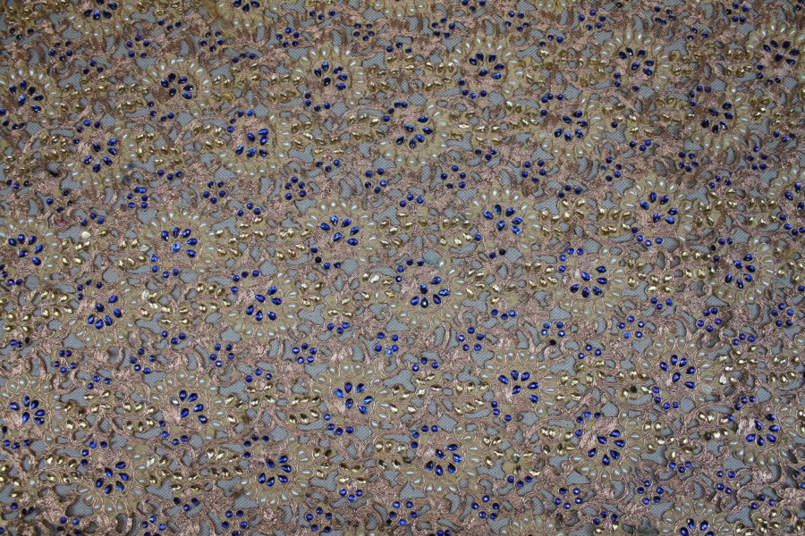 Gold Corded Cut Out Fabric with Pearls and Blue Jewels, image 6 of 9