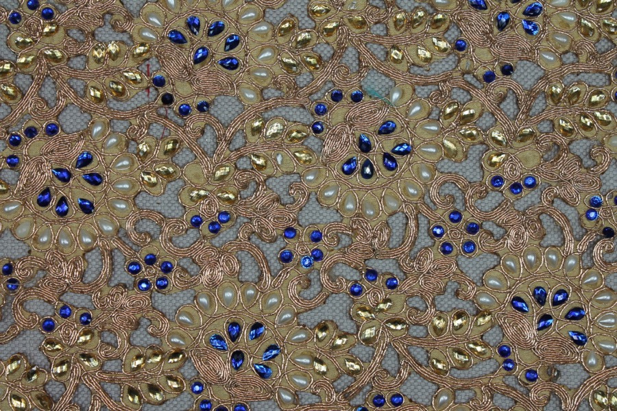 Gold Corded Cut Out Fabric with Pearls and Blue Jewels, image 4 of 9