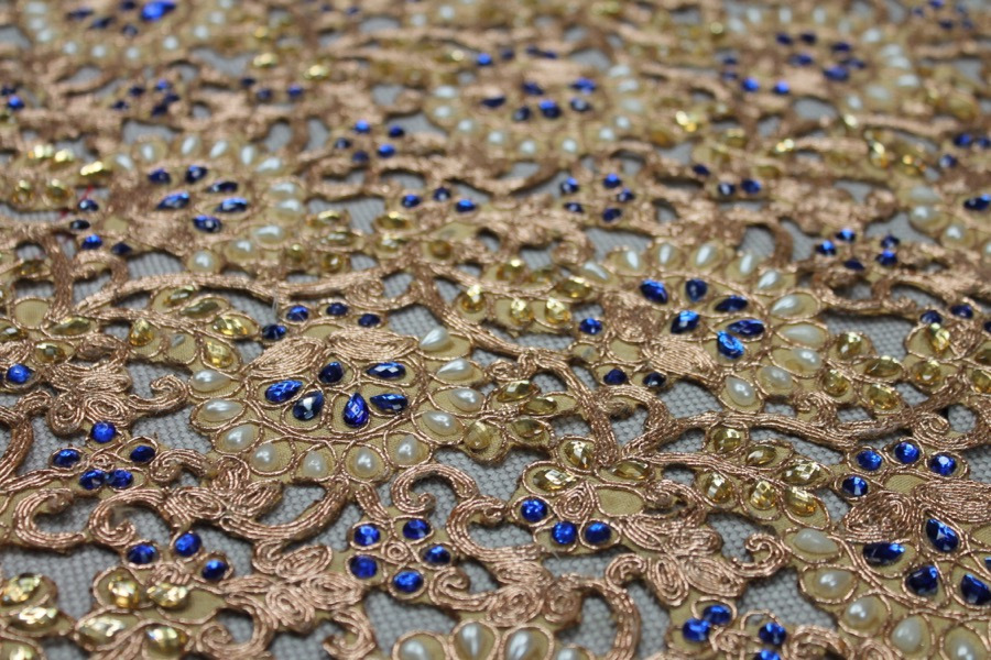 Gold Corded Cut Out Fabric with Pearls and Blue Jewels, image 3 of 9