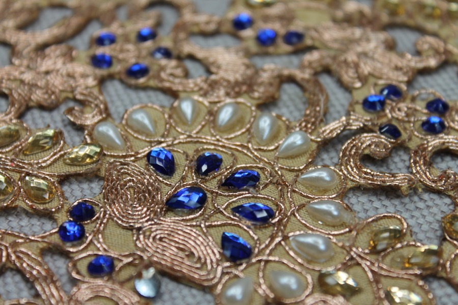 Gold Corded Cut Out Fabric with Pearls and Blue Jewels, image 2 of 9