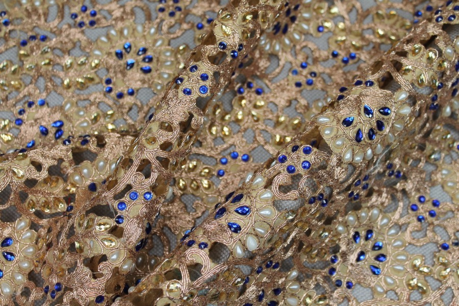 Gold Corded Cut Out Fabric with Pearls and Blue Jewels, image 5 of 9