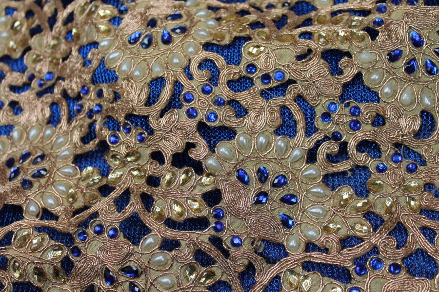 Gold Corded Cut Out Fabric with Pearls and Blue Jewels, image 9 of 9