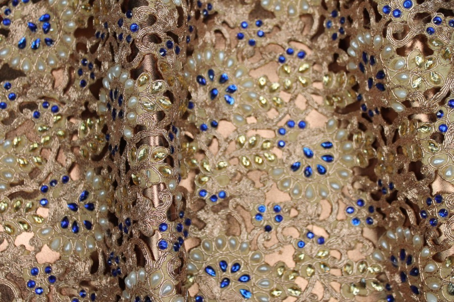 Gold Corded Cut Out Fabric with Pearls and Blue Jewels, image 7 of 9