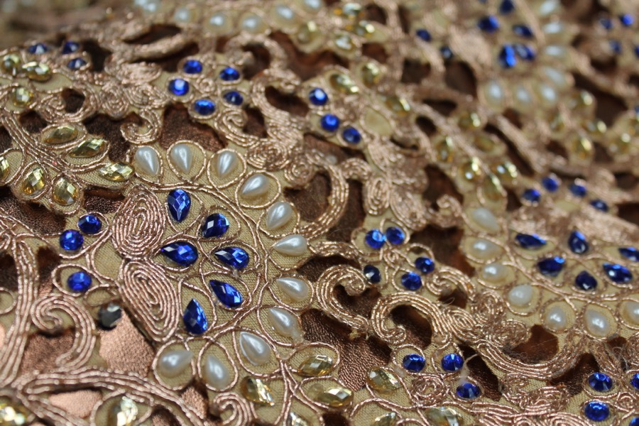 Gold Corded Cut Out Fabric with Pearls and Blue Jewels, image 8 of 9